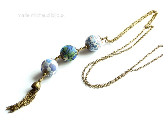 Liberty necklace,Tassel necklace,Long boho necklace,Liberty jewelry,Blue necklace,Long tassel necklace,Original textile necklace