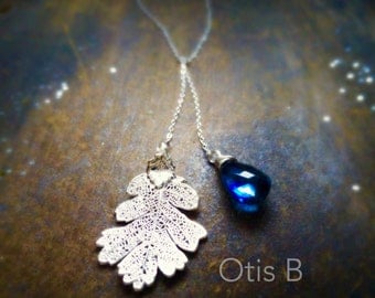 Oak Leaf Necklace, London blue topaz, Lariat necklace, real leaf necklace, leaf jewelry, custom gemstone necklace, otis b, briguysgirls