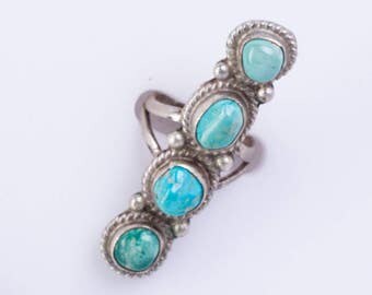 Navajo Long Turquoise Ring - 70s 4 Stone Sterling - sz 7 1/2