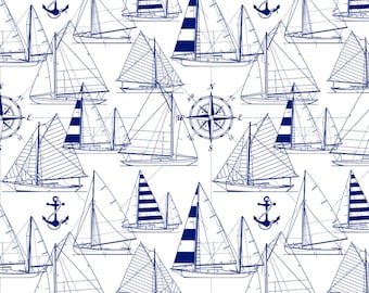 Sailboats Blue Print Fabric - Sailboats - Navy On White By Mirabelleprint - Nautical Baby Boy Cotton Fabric By The Yard With Spoonflower