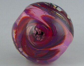 handmade lampwork glass bead a pink floral orb focal with deep red/purple twisted flowers - Red Pinwheels