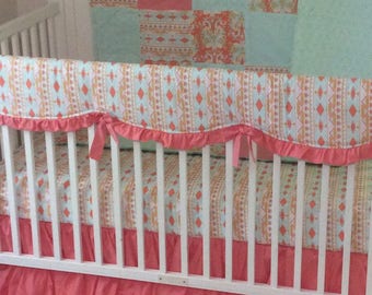 Baby Girl Crib Bedding Set in Coral Mint and Gold Ready to Ship