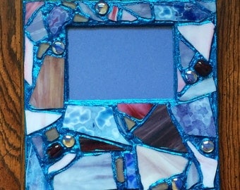 Blue Glitter Recycled Stained Glass Mosaic Picture Frame (holds a 5 x 7 photograph)