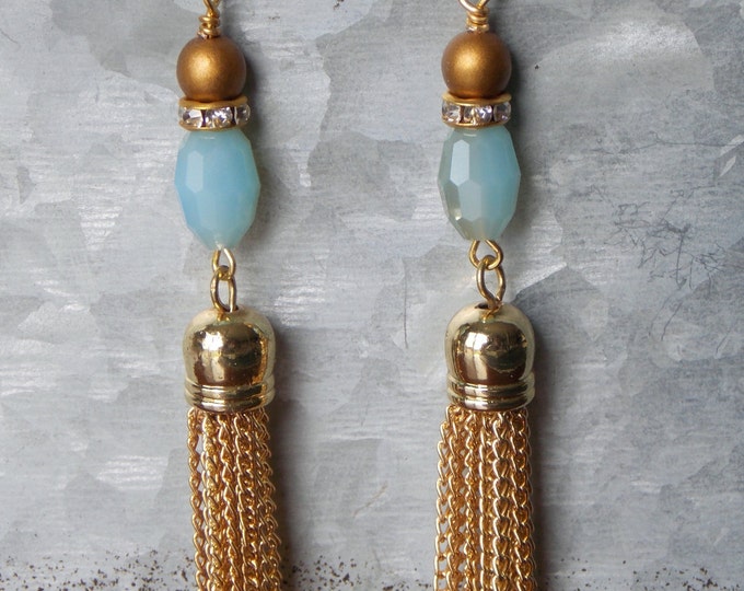 Gold Chain Tassel Earrings Czech Glass Dangle Long Chain Rhinestone Aqua Gold Boho Fashion Glam Sparkle Jewelry