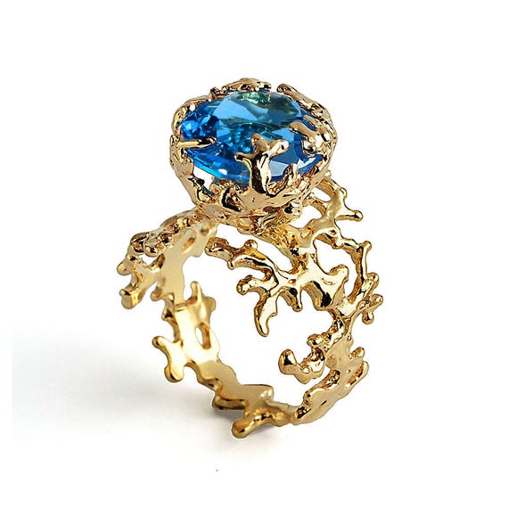 CORAL Blue Topaz Engagement Ring, Blue Topaz Ring Gold, 14k Gold Ring, Unique Gold Ring, Gold Gemstone Ring, Organic Gold Ring