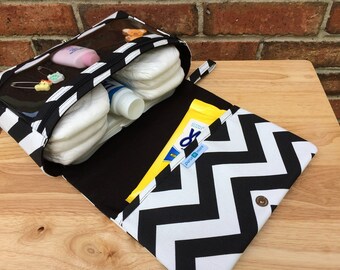 New and larger black chevron diaper bag, baby gift for new parents, diaper purse, nappy bag organizer, diaper clutch with clear zipper pouch