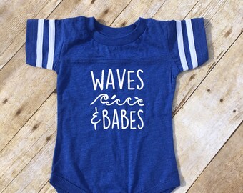 Waves & Babes football syle one-piece. Beach Babe. Beach Baby. Spring Break baby outfit. Beach Baby Outfit. Waves and Babes. Fast shipping!
