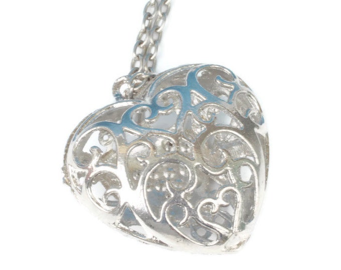 Filigree Heart Pendant Necklace Clear Rhinestones Chunky 28 Inch Chain Vintage