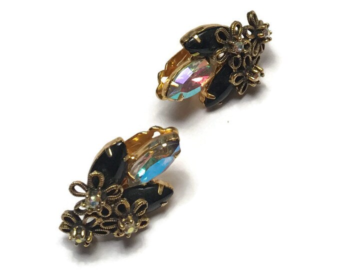 AB and Black Rhinestone Earrings Star Flower Overlay Juliana D & E Vintage