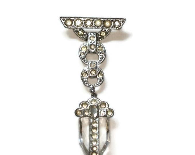 Art Deco Crystal Dangle Brooch Clear Rhinestones Vintage