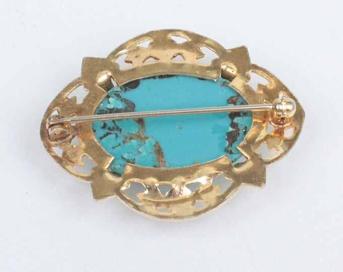 Turquoise Art Glass Cabochon Brooch Floral Gold Tone Setting Vintage