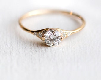 Lady's Slipper Diamond Engagement Ring // Delicate Diamond Ring with Side Diamonds / 14k Yellow Gold Half Carat Diamond Ring / Delicate Ring