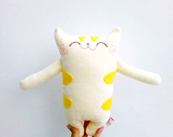 Stuffed cat, stuffed animal, plush animals, plush cat, plush baby doll, plushie, plush toy, yellow cat softie, baby shower gift, toddler toy