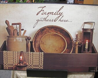 Primitive Kitchen Wall Decor,Family Gathers Here,Primitive Kitchen,Treen,18x12,Susie Boyer