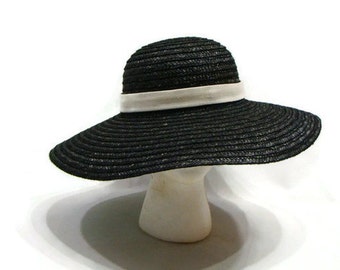 Vintage Black and White Straw Hat Vintage Hats For Women Black Straw Hat Womens Vintage Black Straw Hat Vintage Ladies Hats