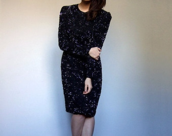Long Sleeve Sequin Dress Vintage 80s Party Dress Long Sleeve Dress Cocktail Dress Black Sequin Dress - Small to Medium S M