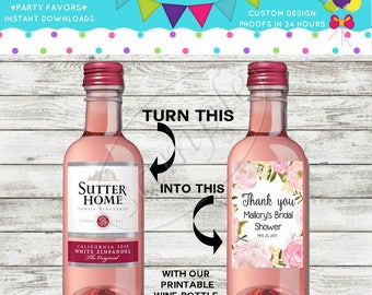 Wedding Bridal Shower Party Mini Wine Bottle Labels, Customized - Black-White-Pink Roses, Mini Bottle Labels - DIY Print, Printable PDF