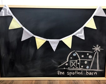 Bunting Banner Mini, Fabric Banner, Fabric Flags, Baby Nursery Decor, Gender Neutral Decor - Yellow, Grey, Light Gray, Chevron, Gingham
