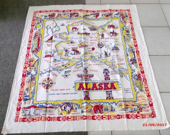 SALE Vintage 50s Alaska State Tablecloth Souvenir Tablecloth 48 x 46