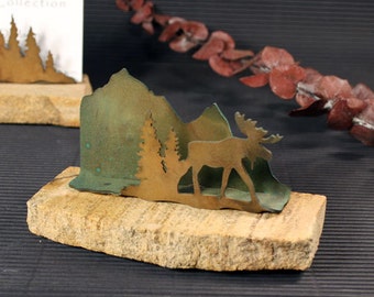 Business Card Holder - Patina Metal and Sand stone - Horse - Moose in Pine Trees