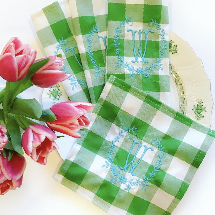 Green Gingham Monogram Cocktail Napkins