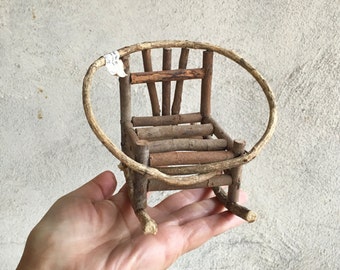 Vintage primitive 4" tall twig rocker, miniature rocking chair, bent twig rocking chair, rustic doll furniture, bent willow doll rocker