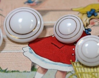White Glass Buttons 5 Vintage White and Gold Trim Glass Buttons