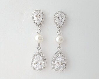 Crystal Pearl Bridal Earrings Wedding Jewelry Silver Cubic Zirconia Posts Swarovski Pearl Bridal Jewelry Wedding Pearl Earrings