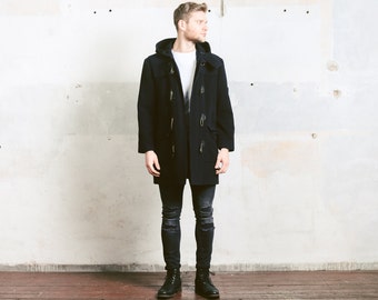 Wool DUFFLE Coat . Hooded Coat Navy Blue Men's Vintage 1980s Long Jacket Mod Winter Coat Outerwear . size Large