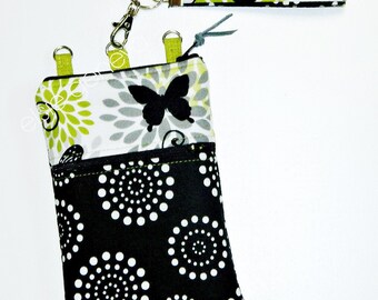 Butterfly Phone Case Black White and Chartreuse Green iPhone 6 Plus Wristlet Optional Shoulder Strap or Black Aqua Magenta Purple