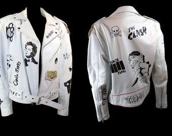 OOAK Vintage 80's Punk Rock White Leather Jacket Hand Painted Motorcycle Jacket, Size 38, Black Flag, Agent Orang, The Cramps
