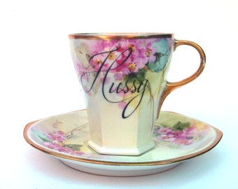 SALE - Damaged - Hussy Altered Vintage Demitasse Teacup and Saucer