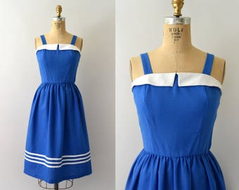 Vintage 1970s Sundress - 70s Blue Nautical Summer Sun Dress