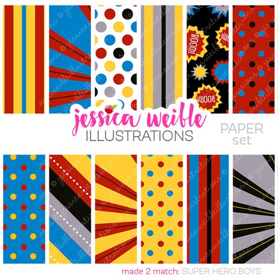 Super Hero Boys Cute Digital Papers for Card Design, Scrapbooking, and Web Design, Superhero Digital Backgrounds Il_570xn