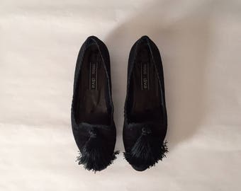 tassel fringe ballet wedge slip ons | suede black tassel flats | 8M