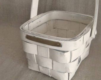 Summer Sale Flower Girl Basket in Heirloom White / Vintage Basket with Brass Plates for Engraving