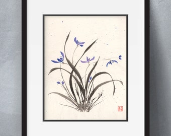 Orchid Splatter - Flowers sumi-e watercolor painting - 8x10 (Print)