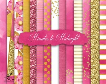 Pink Digital Paper, Pink and gold scrapbook paper, Commercial use digital paper, Pink background paper, Watercolor digital paper, MK