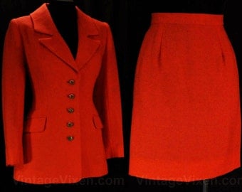 Size 8 Designer Suit - Exquisite Couture Quality Orange Wool Jacket & Skirt by Peggy Jennings - Rainbow Glass Buttons - Waist 28 - 47934