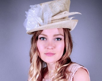 Off white straw top hat, Kentucky Derby hat, cream top hat