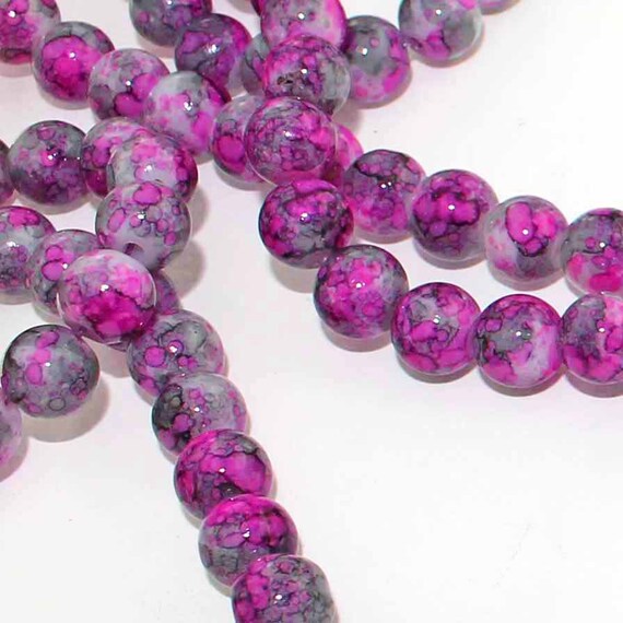 20 Mottled Glass Beads 8mm Tones of Pink and Charcoal