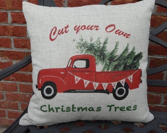 Christmas Pillow FREE SHIPPING Vintage Pillow Vintage Truck Pillow Cover Farmhouse Christmas Tree Christmas Tree Farm Holiday Pillow