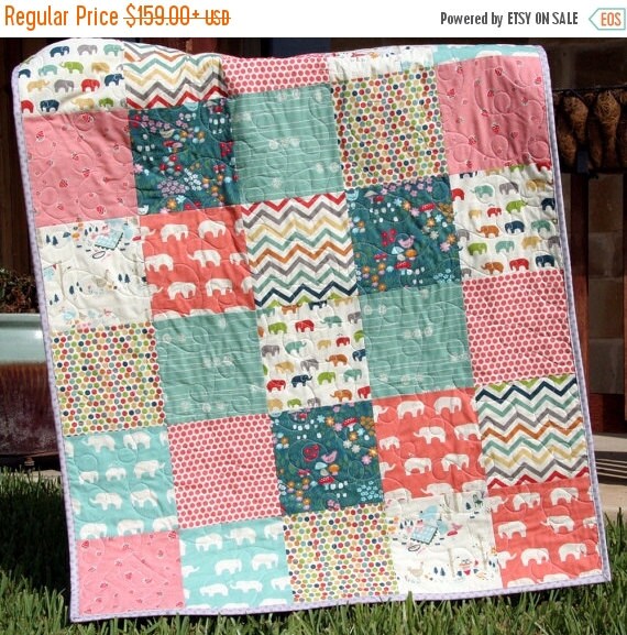 Baby Girl Organic Quilt Blue Coral Pink Grey by SunnysideDesigns2