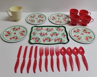 Vintage Tin Toy Tea Set Rose Garden complete 22 pieces with box Ohio Art