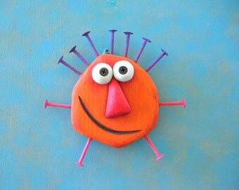 Orange Walnut, Original Found Object Wall Sculpture, Wood Carving, Wall Decor, Whimsical Art, by Fig Jam Studio