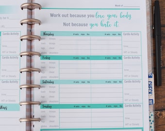 52 Wk Happy Planner FITNESS PLANNER Printable workout insert pages Teal MAMBI, Create365, 7 x 9.25 Classic Workout tracker