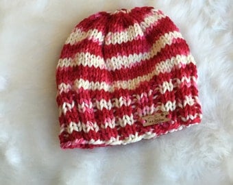 Red and White Striped Hand Dyed Pure Merino Soft Knit Beanie Hat