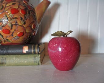 Red Marble, Alabaster Apple with Brass Leaf, Staging, Home Decor