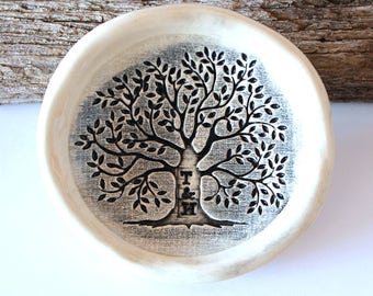 PRE-ORDER 3" Personalized Ring Dish, Tree of Life, Ceramic, Handmade Pottery, by RiverStone Pottery