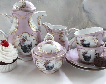 7-Piece Skull Tea Set, Pink & Gold Customized Tea Set, Skull Flower Skeleton, Halloween Teacup, Sugar, Creamer, Design Your Own Tea Party